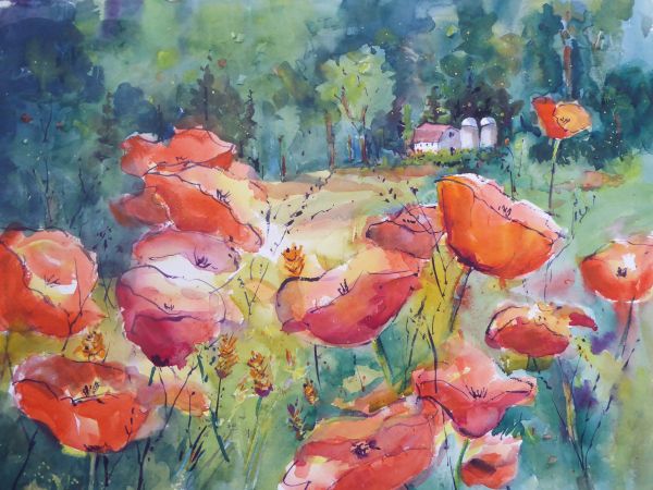 Artist Jacqueline Newbold, Red poppies, watercolor painting, loose colorful painting