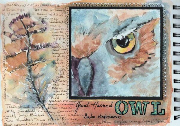 Watercolor Art Journal page of Great Horned Owl.  